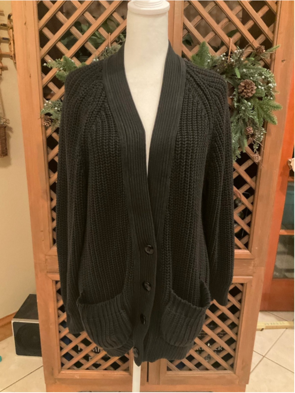 Vintage Jaeger Black Chunky Knit Cardigan Made in Great Britain Size Small